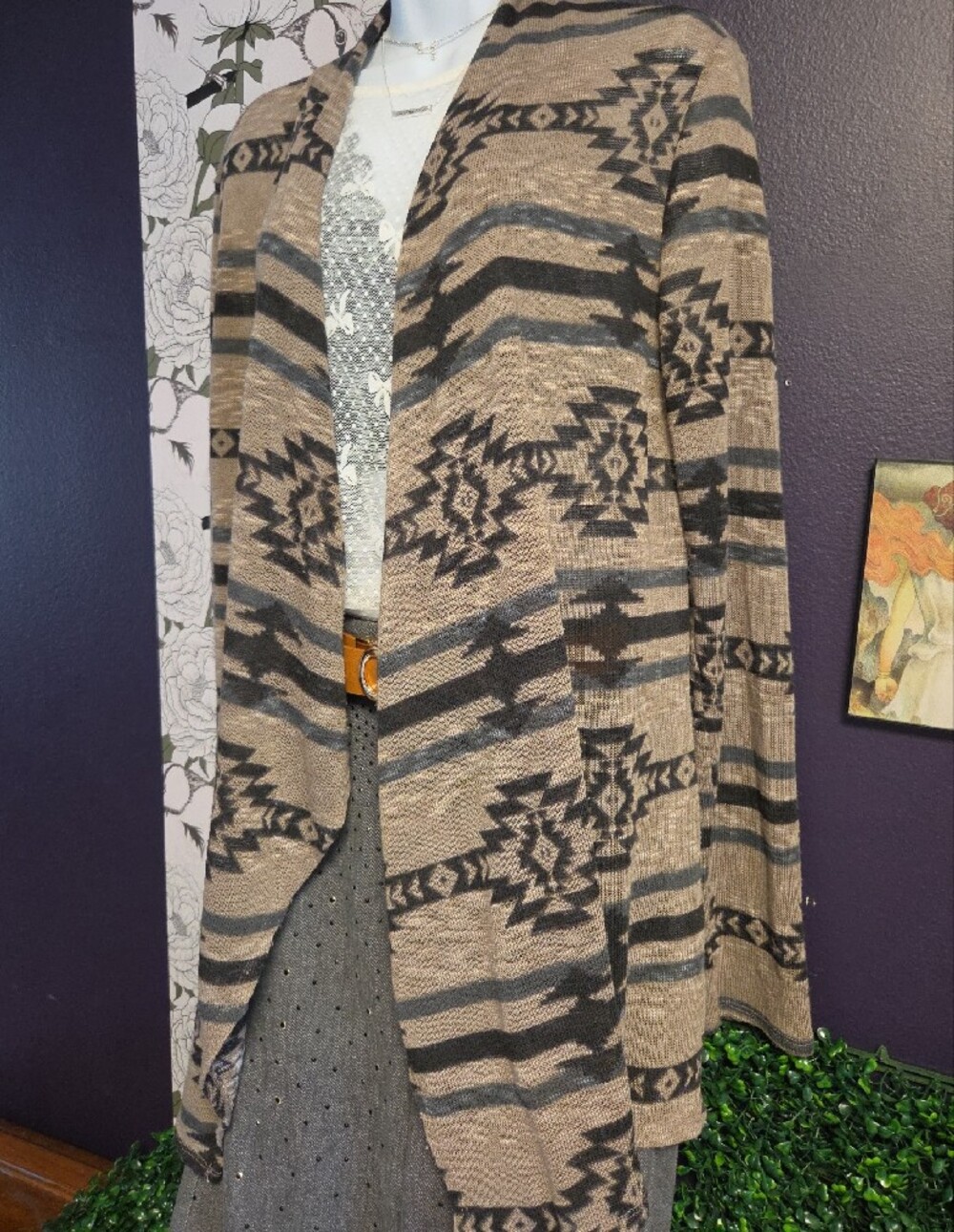 Maurices Taupe and Black Aztec Open-Front Cardigan